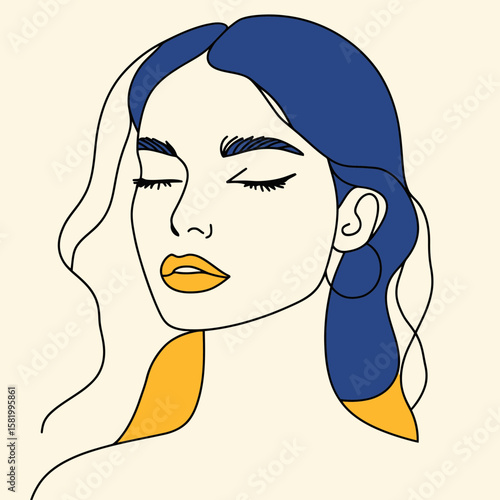 Minimalist line art portrait of woman with closed eyes bold brows and blue hair with yellow accents flat vector style
