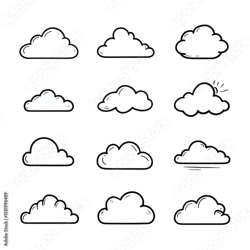 A collection of twelve hand-drawn cloud illustrations, varying in shape and style.