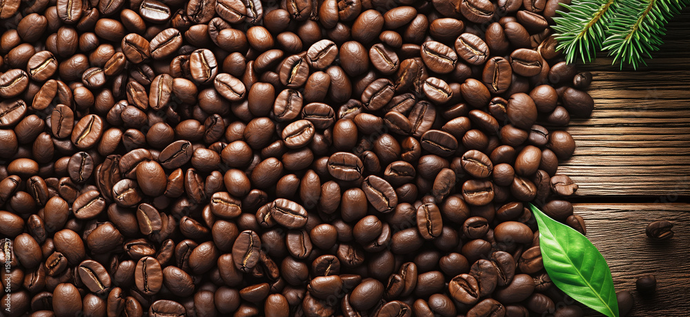 Fototapeta premium Coffee beans spread on wooden surface with green leaves and pine branches.