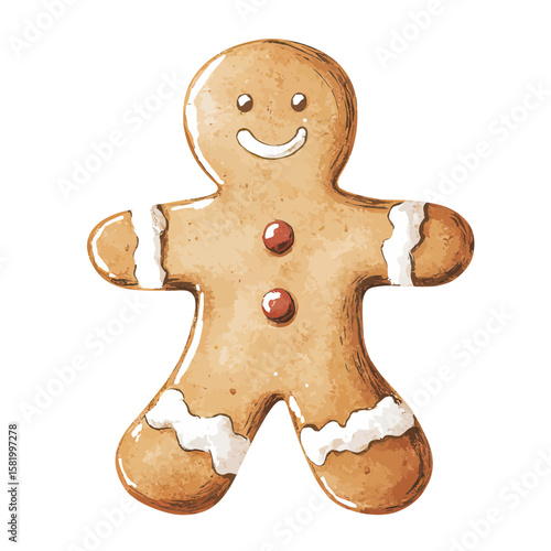 Hand painted watercolor gingerbread man cookie with icing and candy buttons traditional festive sweet treat for holidays winter celebration isolated on white background