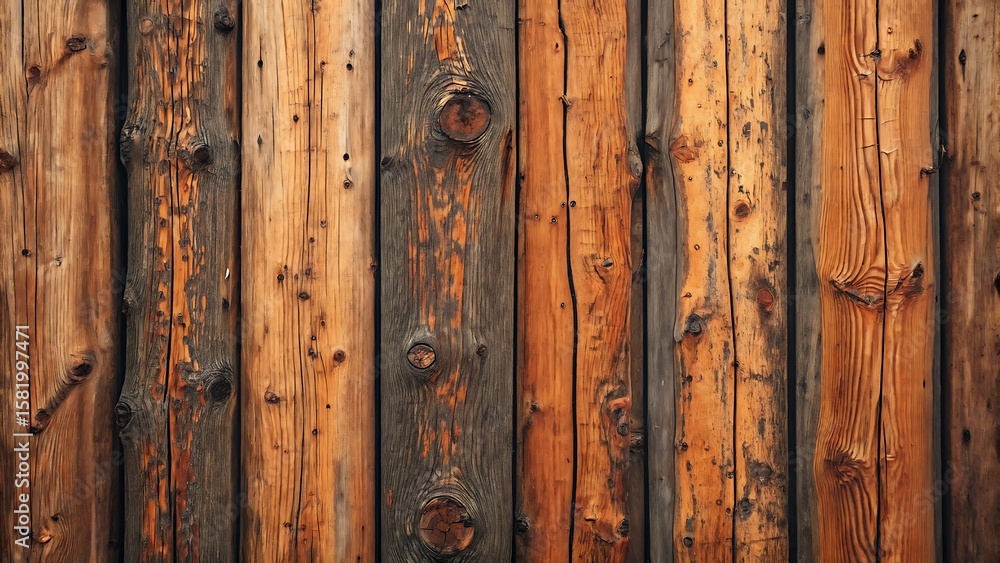 Fototapeta premium Close-up of weathered vertical wooden planks with knots and grain in brown and orange tones wood texture