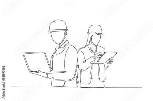Male and female engineer works with notebook in continuous one line drawing. Single line art illustration of  worker holding electronic device.