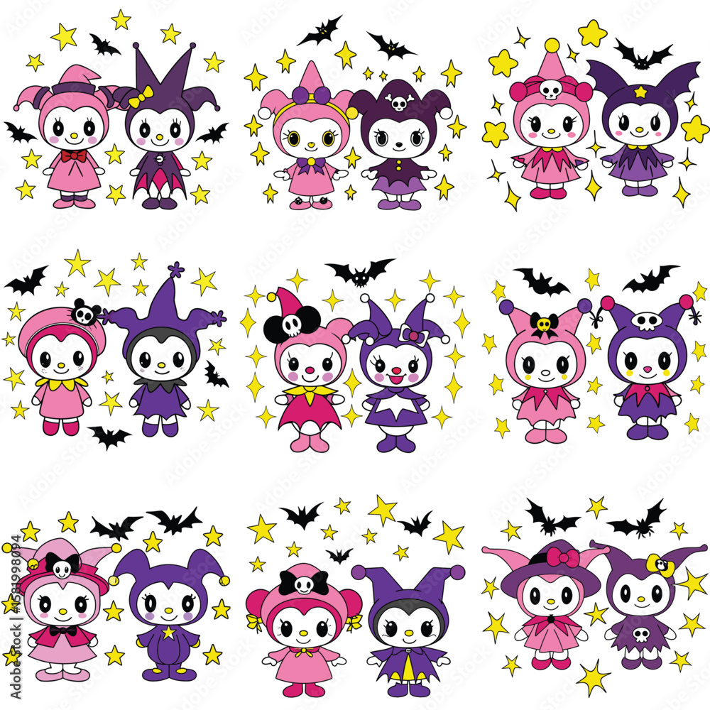 Fototapeta premium Cute kawaii Halloween characters in costumes with bats and stars