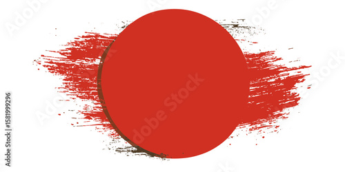 Grunge red brush stroke circle with rough texture and splatter effect in minimalist Japanese sun flag style vector illustration