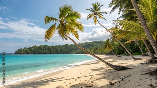 Fototapeta Naklejka Na Ścianę i Meble -  Idyllic tropical beach with turquoise water and leaning palm trees under a blue sky with clouds sandy beach