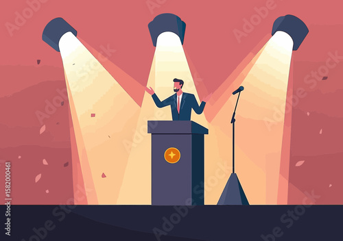 Confident businessman speaking on stage at podium with microphone under bright spotlights in public speaking presentation setting vector illustration