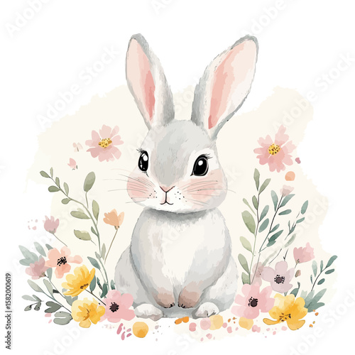 Cute white rabbit sitting surrounded by pastel pink and yellow watercolor flowers whimsical animal illustration for children decor or greeting cards