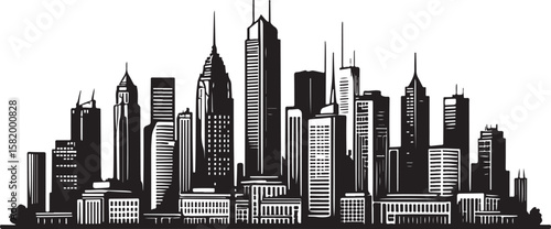 Black and white cityscape with diverse skyscrapers urban skyline