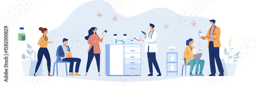 Doctor administering flu vaccines to diverse patients in clinic setting with medical supplies and healthcare professionals promoting immunization and virus prevention