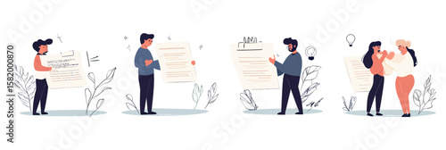 People reviewing and signing digital contracts and legal documents in flat minimalist style with business concepts of agreement and approval for online deals and transactions
