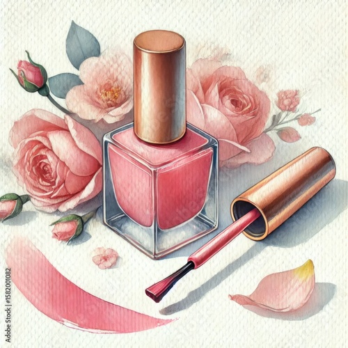 Open pink nail polish bottle with golden cap, paint stroke, and roses on textured white background. Watercolor illustration.