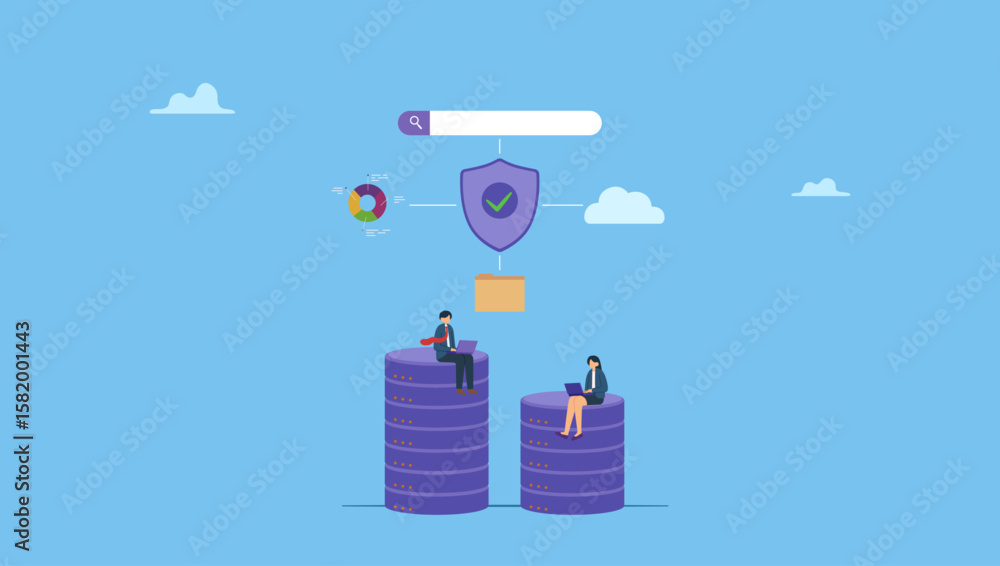 Obraz premium Business people working with computer laptop on database. Database system, data network management, security or search, cloud computing technology or file document archive, database administration.
