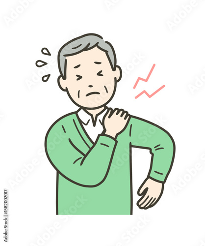 肩こりや肩の痛みで手を当てる高齢男性の上半身イラスト
