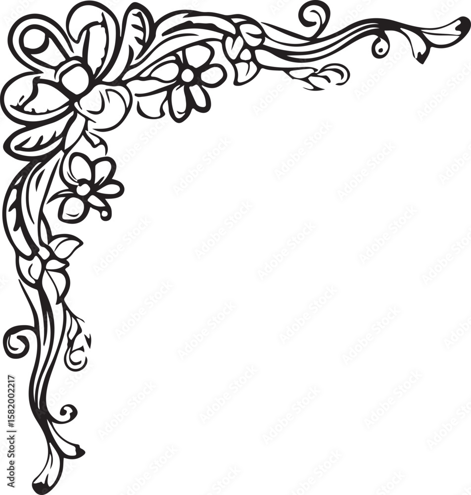 Black floral corner flourish with swirling vines and leaves decorative ornamental Black floral corner flourish with swirling vines and leaves decorative ornamental