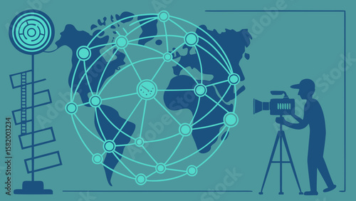 Illustration of global network over world map with cameraman and antenna on teal background