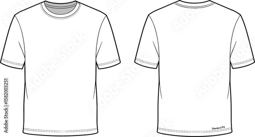 Basic short sleeve t-shirt flat sketch front and back view, blank white tee vector, unisex casual fashion apparel template