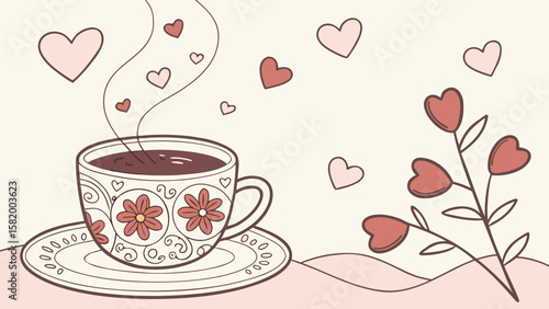 Aesthetic coffee cup with heart details and flowers, surrounded by floating hearts on a light background