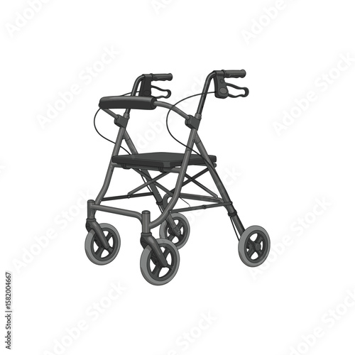 A gray four-wheeled walker with a seat and hand brakes is isolated on a white background, providing mobility assistance.