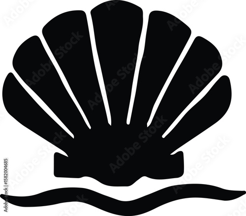 Silhouette seashell scallop with ocean wave Vector Illustrator
