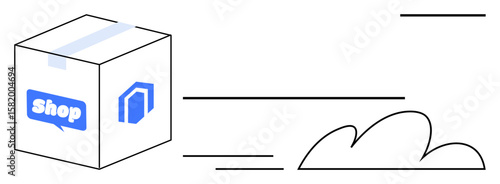 Shipping box with tape and shop logo moving quickly, surrounded by motion lines and a cloud shape. Ideal for e-commerce, delivery, logistics, shipping, speed, online shopping, simple flat metaphor