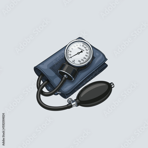Illustration of a sphygmomanometer with a gauge, cuff, and bulb, used for measuring blood pressure.