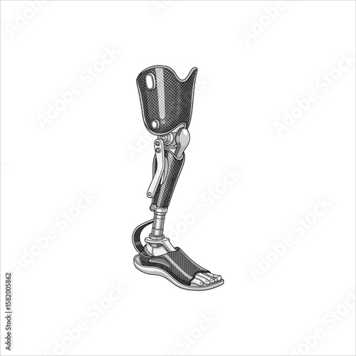 Detailed illustration of a prosthetic leg, showcasing its intricate design and mechanical components against a white background.