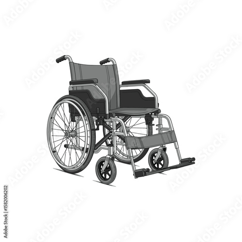 A grayscale illustration of a standard manual wheelchair.