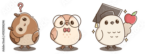 Cartoon school owls - confused brown bird with question mark, nerdy wearing glasses and bowtie, smart holding apple with graduate hat. Cute educational characters for learning classroom decorations.
