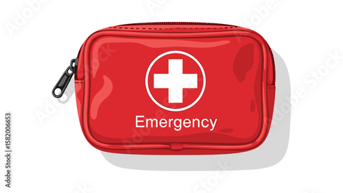 Red Emergency First Aid Kit Illustration with White Cross and Zipper Closure on White Background