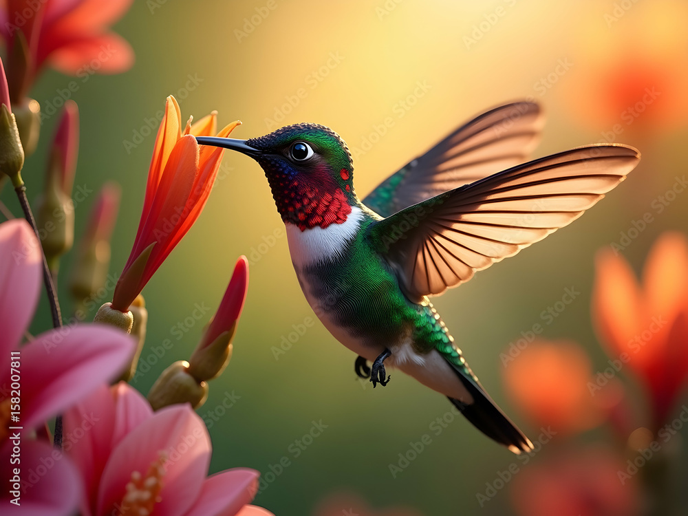 Naklejka premium Vibrant Hummingbird Amidst Floral Splendor, A Detailed Close-Up Displaying Nature's Intricate Beauty and Delicate Flight