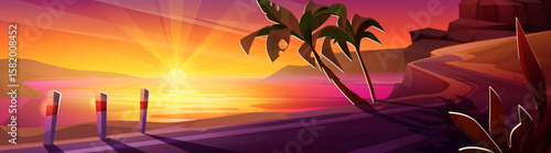 Tropical sunset road with glowing horizon over sea - vibrant pink and orange sky with palm trees and coastal cliffs. Dreamy trip scene for vacation games, travel apps or paradise adventure background.