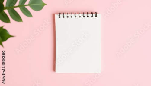 Blank notepad with leaves on a pink background for creative content creation