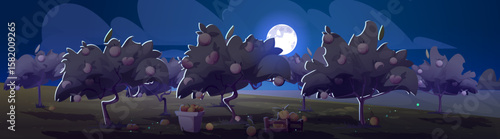 Moonlit orchard with fruit trees under night sky - farm harvest scene with wooden crates and baskets beneath glowing branches. Agricultural landscape for farming apps or countryside backgrounds.