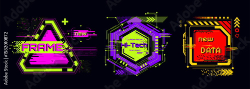 Cyberpunk glitch frame set with neon colors - futuristic hi tech borders with digital distortion effects of various geometric shapes. Vibrant elements for game ui, streaming overlays and tech designs.