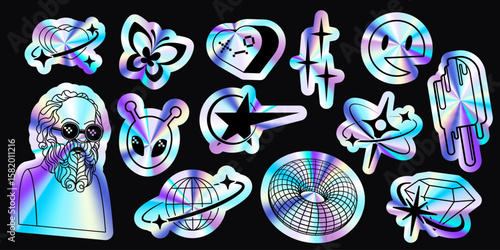 Holographic future sticker pack with y2k aesthetic - iridescent gradient alien and bearded man, butterfly, heart emoticon, orbital planet, torus grid and diamond. Retro futuristic metallic shine icons