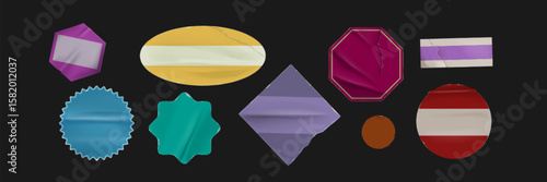 Vintage price sticker set with old paper texture - colorful geometric shapes of circle, star and diamond badges in retro style for sale tags, discount labels or promotional retail design elements.