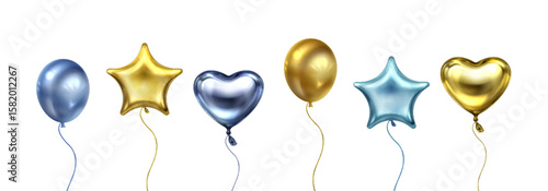 Metallic 3d balloon set - glossy gold and silver foil party decorations of heart, star and round shapes. Floating ballons with strings for birthday celebration, wedding or festive event design.