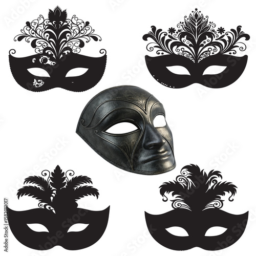 A vibrant set of Venetian carnival masks, perfect for a masquerade party, costume celebration, or mysterious festival decoration