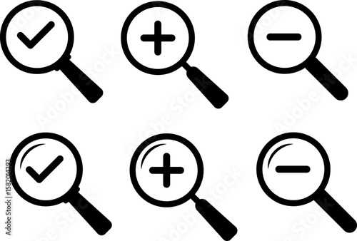  Search icon set. zoom in and zoom out icons. magnifier with plus and minus. Magnifier or loup with check mark sign. symbolizing search and investigation.
