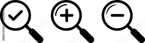  Search icon set. zoom in and zoom out icons. magnifier with plus and minus. Magnifier or loup with check mark sign. symbolizing search and investigation.