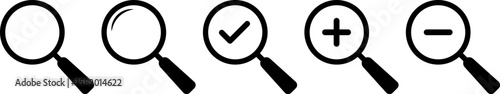  Search icon set. zoom in and zoom out icons. magnifier with plus and minus. Magnifier or loup with check mark sign. symbolizing search and investigation.