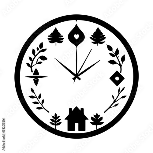 Nature-Inspired Minimalist Wall Clock with Symbolic Icons. A beautifully designed minimalist wall clock featuring unique, nature-inspired and symbolic icons instead of traditional numbers