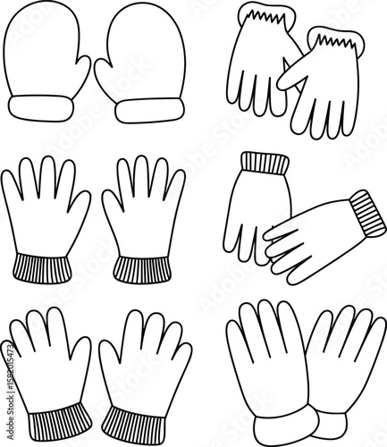 Collection of winter gloves and mittens line art, cold weather accessory vector, minimal handwear illustration for fashion and seasonal use