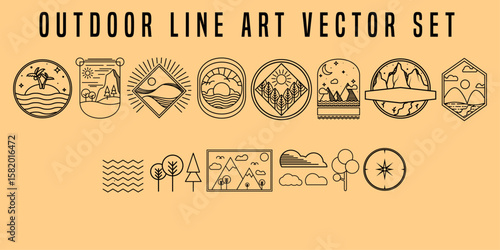 landscape logo badge line art outdoor adventure labels and patches vector collection