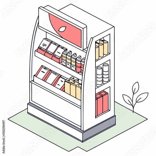 Modern isometric illustration of a retail display cooler filled with various packaged goods and products showcasing a clean minimalist design with pastel colors and a decorative leaf element
