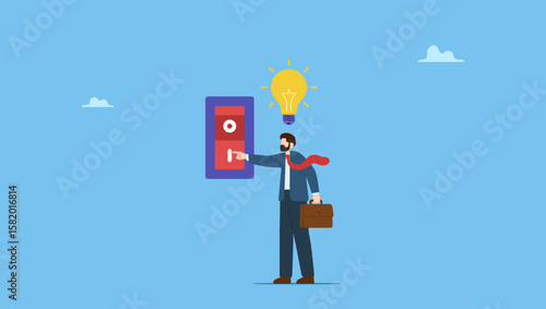 Smart businessman switching on the switch to turn on lightbulb lamp on his head. Metaphor of discover new idea, new business ideas, inspiration and creativity to think about new idea.