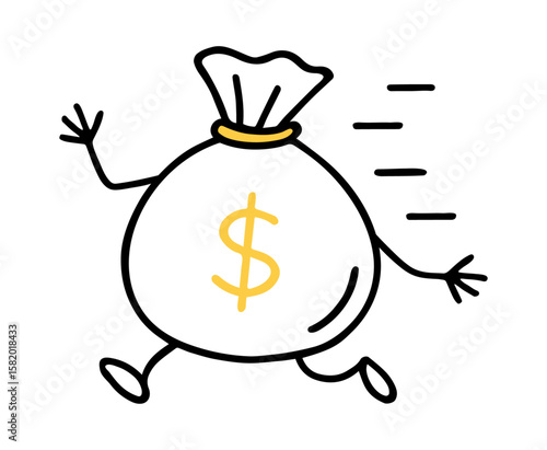 Money Bag Running. Business, Finance, Economy, Investment, Money, Income Concept. Hand-Drawn Doodle Style Line Vector Illustration.