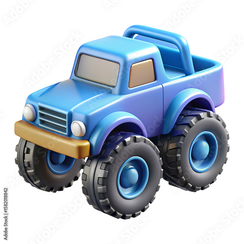 Cute blue cartoon monster truck with large wheels isolated on transparent background