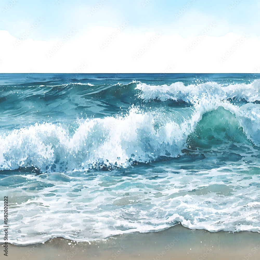Fototapeta premium Serene Ocean Waves Crashing on Sandy Shore A Watercolor Painting of Coastal Beauty.