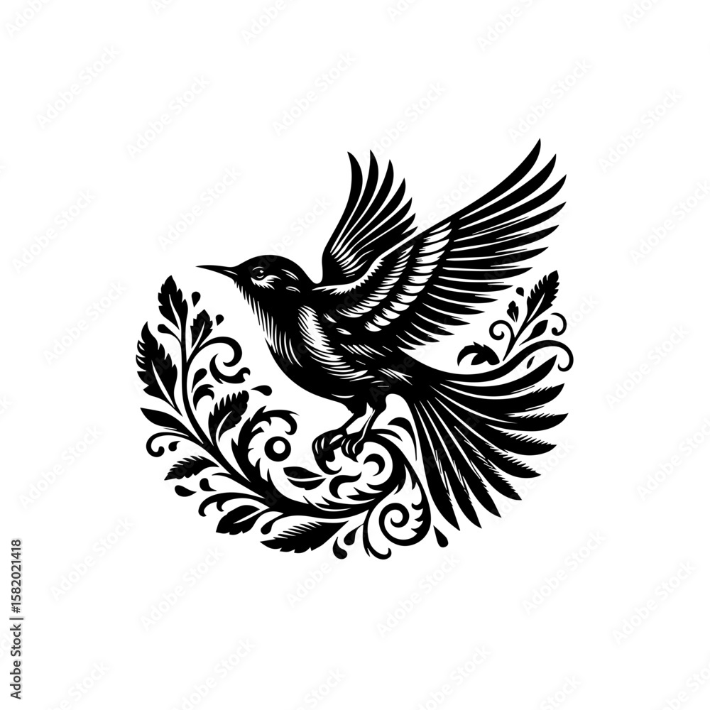 Fototapeta premium Ornate black and white illustration of a bird in flight, surrounded by decorative floral elements.